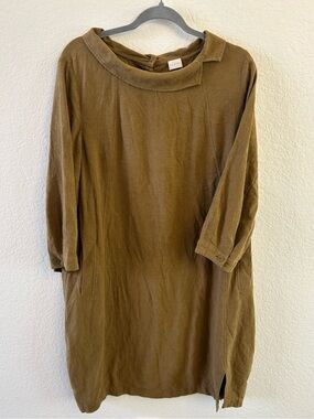 Poetry Linen Blend Shawl-Collar Dress Fall Summer Midi Bronzed Green Sz 10